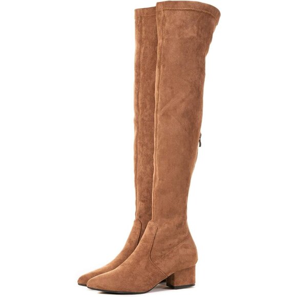 Women Brown 2 Inch Over the Knee Thigh High Suede Block Long Pointed toe Boots - Picture 5 of 7